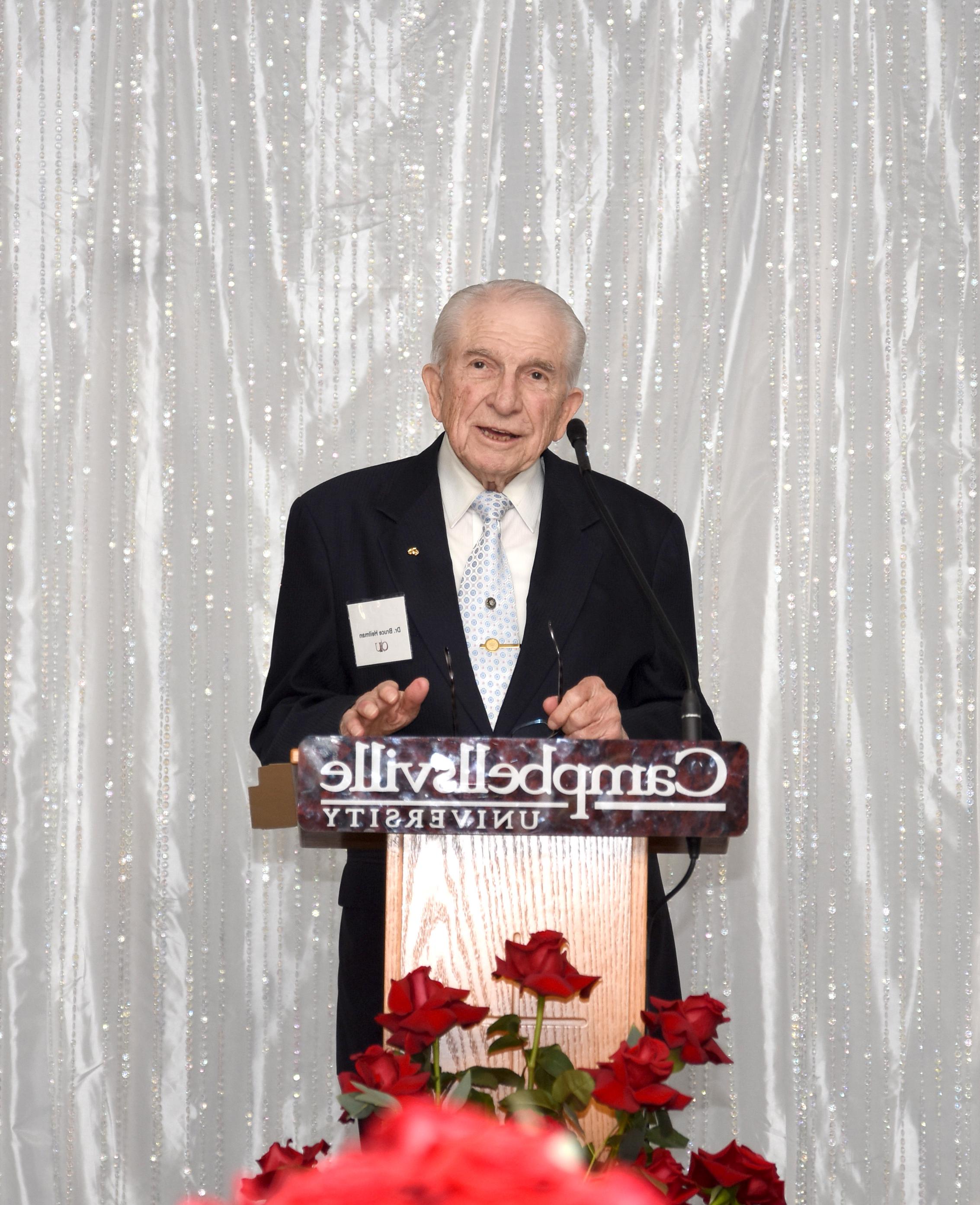 Dr. E. Bruce Heilman, Campbellsville University 1949 alumnus and CU Board of Trustees member, was the guest speaker. (CU Photo by Joshua Williams)