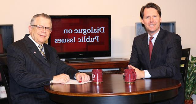 Dr. John Chowning, vice president for church and external relations and executive assistant to the  president of Campbellsville University, right, interviews Adam Edelen, auditor of public accounts  for the Commonwealth of Kentucky, for his “Dialogue on Public Issues” show. 