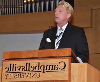 Dr. Ted Taylor speaks on servant leadership at the  Kappa Delta Pi initiation Sunday. (Campbellsville University Photo by Joan C. McKinney)