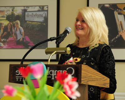 CU alumna Martha Stein spoke about opening up her own team room after she retired from teaching.  (Campbellsville University Photo by Mikayla Smith)